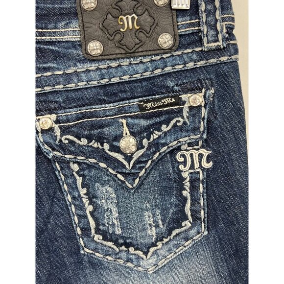 Miss Me Boyfriend Bermuda Denim Jean Shorts Size 28 Jewel Stitching Stretch EUC - Picture 7 of 10